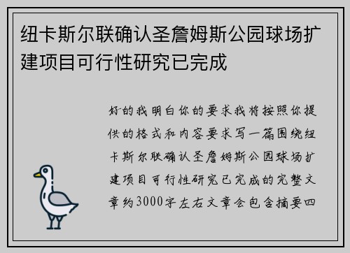 纽卡斯尔联确认圣詹姆斯公园球场扩建项目可行性研究已完成 纽卡斯尔联确认圣詹姆斯公园球场扩建项目可行性研究已完成